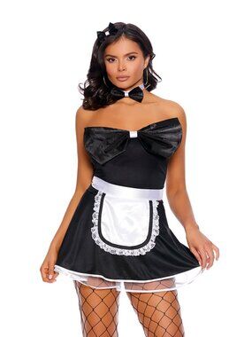 French Maid Costume 4 Piece Set Strapless Mini Dress Apron Bow Headpiece